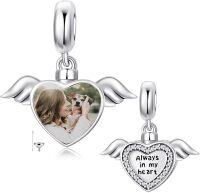 wholesale 925 Sterling Silver Heart Photo Charm with Wings Cremation Keepsake Urn for Ashes Bracelet Necklace Gift for Women-Angel