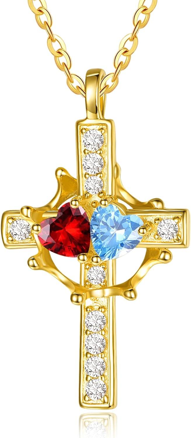 Sterling Silver Birthstones Gold Cross Necklace for Women -01-03-Jan-Mar-01-03-Jan-Mar