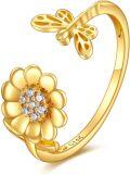 wholesale 14K Gold Adjustable Sunflower Open Ring Jewelry Gift for Women Her-0-28