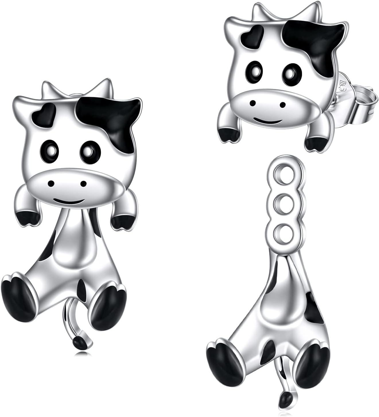 Sterling Silver Hypoallergenic Black Cat Dog Hippo Stud Earrings for Women-Cow Stud Earrings