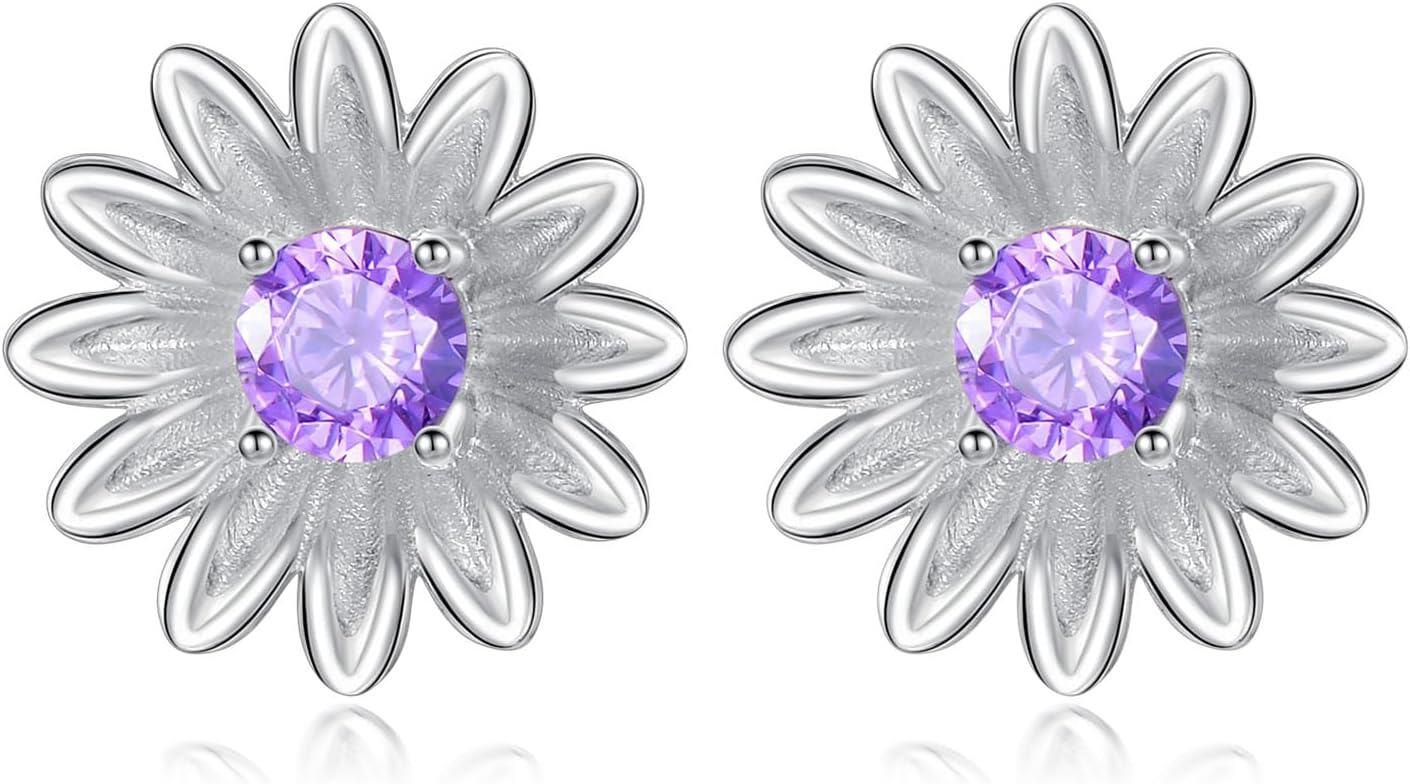 Sterling Silver Amethyst Flower Stud Earrings for Women Girls Mum Gifts-daisy-1