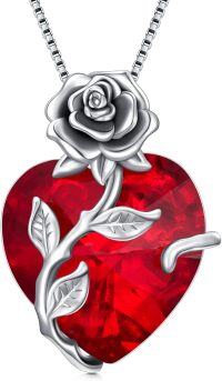 wholesale Sterling Silver Crystal Rose Flower Heart Pendant Necklace-01-Jan - Garnet