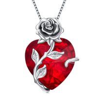 wholesale 925 Sterling Silver Crystal Rose Flower Heart Pendant Necklace-01-Jan - Garnet