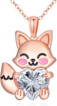 wholesale 925 Sterling Silver Birthstone Cute Fox Heart Pendant Necklace for Women-April