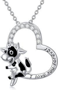 wholesale 925 Sterling Silver Heart-Shaped Cow Pendant Necklace with Cubic Zirconia - Mother's Day Gifts for Her-Heart Cow