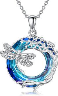 wholesale 925 Sterling Silver Blue Crystal Dragonfly & Vine Design Pendant Necklace - Holiday Gift for Her-Dragonfly