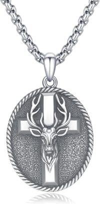 wholesale 925 Sterling Silver &  Deer Head with Cross Pendant Necklace -Elk Cross Medal Pendant Necklace