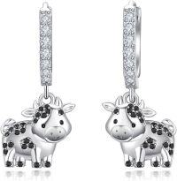 wholesale 925 Sterling Silver Cow Shape Black Crystal Drop Earrings for Women Girls  4cm Length-15-cow