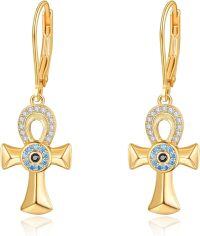 wholesale 925 Sterling Silver Blue Crystal Evil Eye Cross Drop Earrings for Women - Hypoallergenic Egyptian Style Jewellery-Yellow Gold