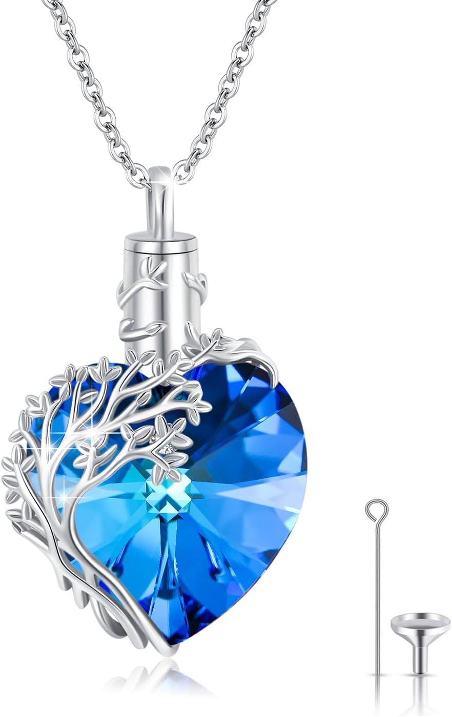 Sterling Silver Crystal Tree of Life Urn Necklace for Ashes w Funnel-Tree of Life Urn Necklace - Blue Crystal