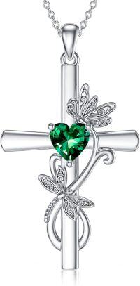 wholesale Sterling Silver Birthstone Dragonfly Cross Pendant Necklace for Women-05-May