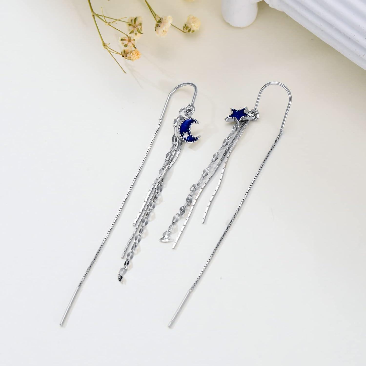 925 Sterling Silver Moon Star Threader Earrings w/ Tassel Chain for Women & Teens - Hypoallergenic-0-5