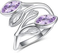 wholesale Sterling Silver Leaf Ring with Birthstone Adjustable Wrap Promise Engagement Wedding Rings for Women-Purple Alexandrite