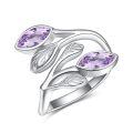 wholesale 925 Sterling Silver Leaf Ring with Birthstone Adjustable Wrap Promise Engagement Wedding Rings for Women-0-25