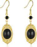 wholesale 925 Sterling Silver Black Oval Stone Drop Earrings with Gold Plated Frame and Beads-0-0