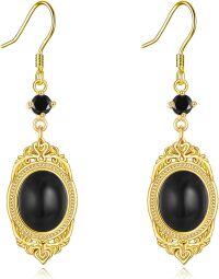 wholesale 925 Sterling Silver Black Oval Stone Drop Earrings with Gold Plated Frame and Beads-Gold Plated Black Onyx Earrings