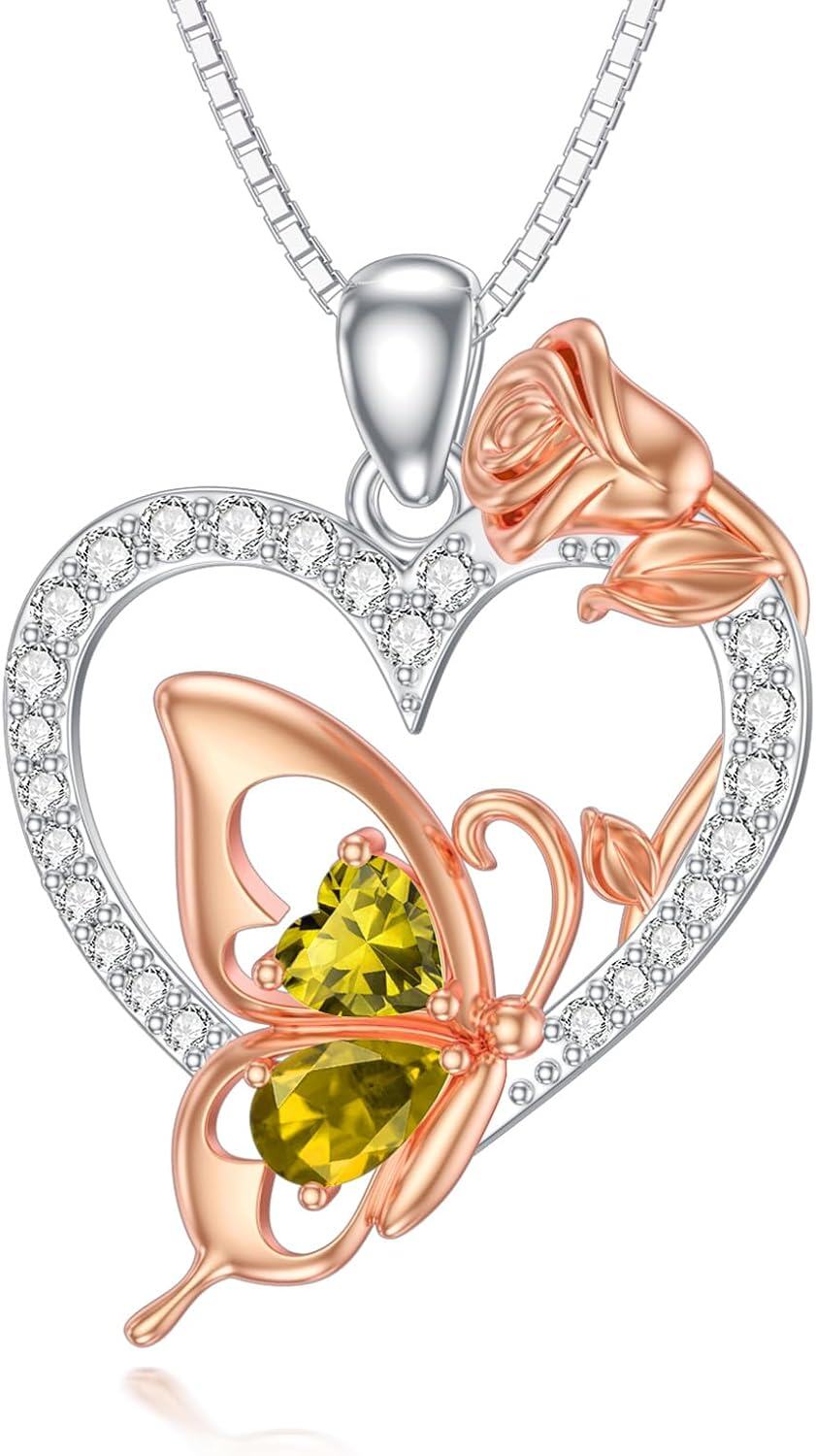  Sterling Silver Zircon Butterfly Heart Necklace for Women Birthday Gift -November
