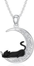 wholesale 925 Sterling Silver Crescent Moon with Black Cat and Cubic Zirconias Pendant Necklace for Women-0-0