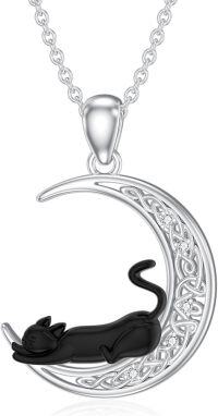 wholesale 925 Sterling Silver Crescent Moon with Black Cat and Cubic Zirconias Pendant Necklace for Women-Black Cat&Celtic Knot