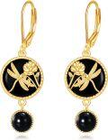 wholesale 925 Sterling Silver Gold Plated Black Onyx Rose & Dragonfly Dangle Earrings-0-0