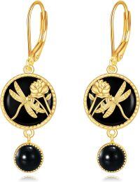 wholesale 925 Sterling Silver Gold Plated Black Onyx Rose & Dragonfly Dangle Earrings-Black onyx dragonfly earrings