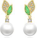 wholesale 925 Sterling Silver Green Enamel Pearl Leaf Dangle Drop Earrings Boho Beach Wear Jewelry-0-0