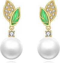 wholesale 925 Sterling Silver Green Enamel Pearl Leaf Dangle Drop Earrings Boho Beach Wear Jewelry-Pearl