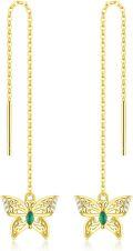 wholesale 14K Gold Threader Earrings with Green Stone and Butterfly Charm - Minimalist Design-0-0