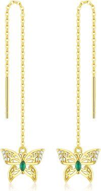 wholesale 14K Gold Threader Earrings with Green Stone and Butterfly Charm - Minimalist Design-Style 2