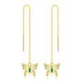 wholesale 14K Gold Threader Earrings with Green Stone and Butterfly Charm - Minimalist Design-0-0