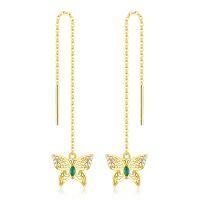 wholesale 14K Gold Threader Earrings with Green Stone and Butterfly Charm - Minimalist Design-Style 2