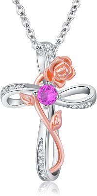 wholesale Two Tone Rose Gold 925 Sterling Silver Cross Pendant Necklace with 12 Cubic Zirconia Birthstones for Women-10-October Birthstone