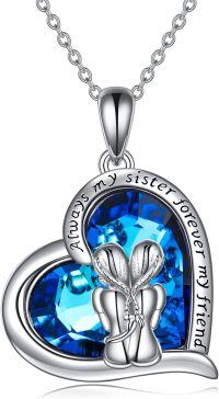 wholesale 925 Sterling Silver Blue Crystal Heart Tree of Life Sisters Pendant Necklace-Blue Crystal- Sister Necklace