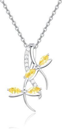 wholesale 925 Sterling Silver Citrine Dragonfly Pendant with Cubic Zirconia Accents on an Adjustable Length Chain (16-19 inches)-Yellow Topaz