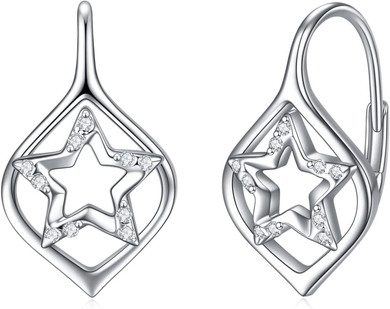 Sterling Silver Leverback Dangle Drop Hoop Earrings for Women Birthday Anniversary Christmas Gifts-09-Leverback-Star