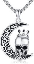 wholesale 925 Sterling Silver 925 Crescent Moon & Crowned Skull Pendant Necklace  - Gothic Memento Mori Jewelry for Men and Women-0-0