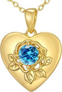 wholesale Silver Birthstone Heart Rose Pendant Necklace for Women Wife Mother-Light Blue