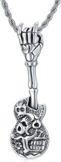 wholesale 925 Sterling Silver Skull Guitar Hand Pendant Necklace with Rope Chain 3MM 24+2 for Men Boys Gift Incl.-0-0