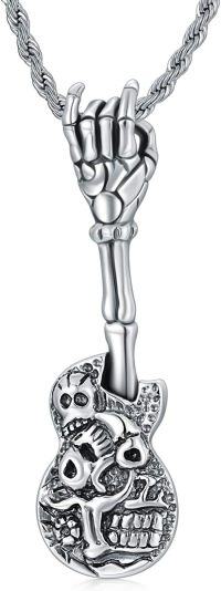 wholesale 925 Sterling Silver Skull Guitar Hand Pendant Necklace with Rope Chain 3MM 24+2 for Men Boys Gift Incl.-B Guitar Small