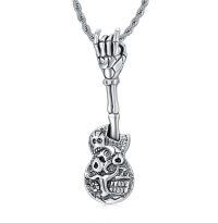 wholesale 925 Sterling Silver Skull Guitar Hand Pendant Necklace with Rope Chain 3MM 24+2 for Men Boys Gift Incl.-B Guitar Small