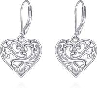 wholesale 925 Sterling Silver Filigree Heart Drop Earrings with Leverback Closure-Filigree Dangle Drop Earring