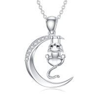 wholesale Cute Moon Cat Pendant In 925 Sterling Silver With Crystal Accents-Cat-style 3