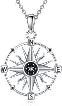 wholesale 925 Sterling Silver Compass Necklace with Black Crystal and Chain - Gifts for Women & Girls-sun compass