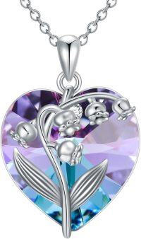wholesale 925 Sterling Silver Heart-Shaped Pendant Necklace with Purple Crystal and Lily of the Valley Motif 18+2 inches Chain-Style-2