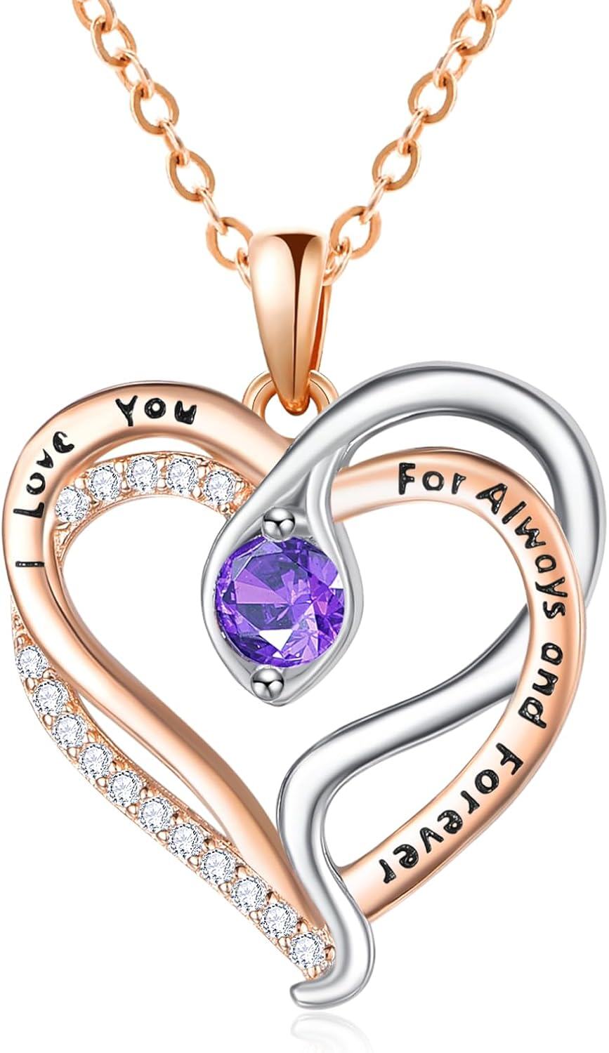 Sterling Silver Rose Gold Snake Pendant with Birthstone I Love You Always Forever Necklace Cute Animal Jewelry Gifts for Women-02 Feb - Amethyst
