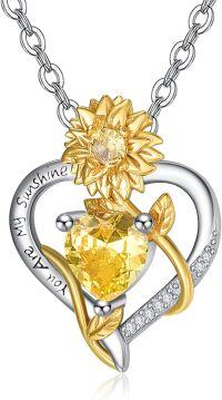 wholesale 925 Sterling Silver Sunflower Birthstone Necklace Heart Pendant Sunshine Jewelry Gift for Women-11 Nov