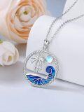 wholesale 925 Sterling Silver Blue Enamel Ocean Wave & Palm Tree Pendant Necklace for Women Girls Gifts-0-1