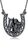 wholesale 925 Sterling Silver Black Plated Celtic Knot Horse & Girl Pendant Necklace w/Horseshoe Charm for Women-0-0