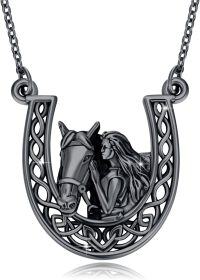 wholesale 925 Sterling Silver Black Plated Celtic Knot Horse & Girl Pendant Necklace w/Horseshoe Charm for Women-Black Gold