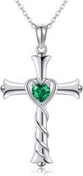 wholesale 925 Sterling Silver Heart-Shaped Green Stone Twist Cross Pendant Necklace for Women-0-0